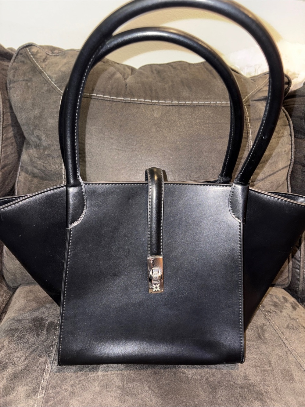 BCBGeneration Black Structured Leather Tote with Top Handles